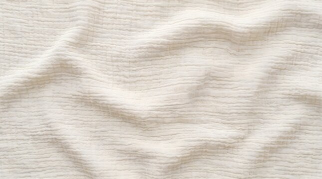 Soft beige muslin fabric with gentle wrinkles draped texture captured under studio lighting for minimalist background