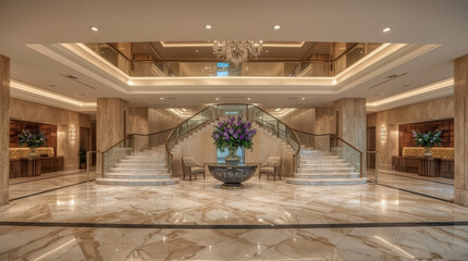 Fototapeta premium Elegant hotel lobby with marble floor and grand staircase