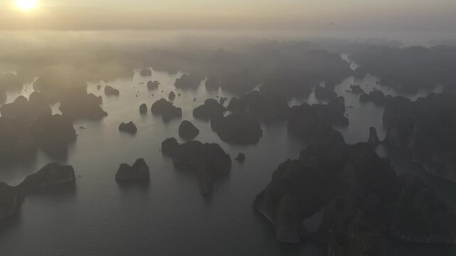 Aerial view of the natural scenery of the karst peak forest in Ha Long Bay, Vietnam