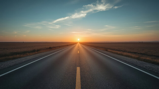 Endless road toward glowing horizon beneath clear sunset sky