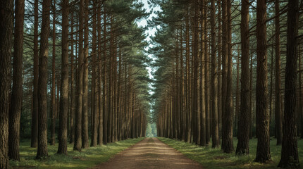 Obraz premium Forest pathway lined with tall pine tree creating serene woodland corridor