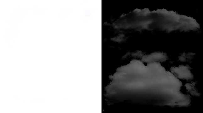 Realistic white clouds on black background, fluffy cloud alpha channel texture, isolated atmospheric smoke elements for compositing