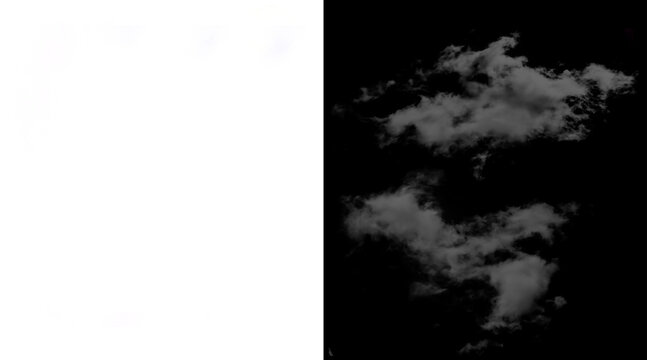 Realistic white cloud alpha channel, isolated fluffy clouds on black background, sky texture overlay for digital compositing and matte painting