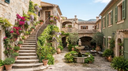 Fototapeta premium Charming Mediterranean courtyard with blooming flowers and a stone fountain
