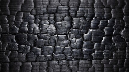 Naklejka premium Charred wood surface texture showing cracked black coal pattern captured in macro photography against dark background