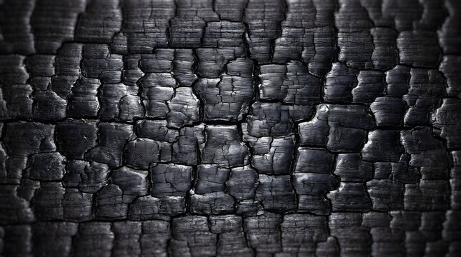 Charred wood surface texture showing cracked black coal pattern captured in macro photography against dark background