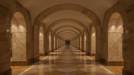 Fototapeta premium Hotel corridor with repeating archway and polished marble floor creates elegant symmetry