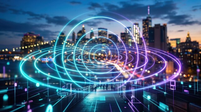Futuristic city skyline at night with glowing neon network connections, smart city with digital data flow rings, urban technology infrastructure, wireless communication signals