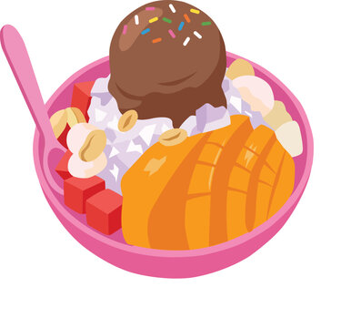 Flat vector illustration of Malaysian Ais Kacang ABC shaved ice dessert with mango and chocolate scoop