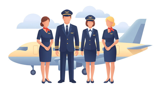 A cartoon illustration of airline crew standing in front of an airplane