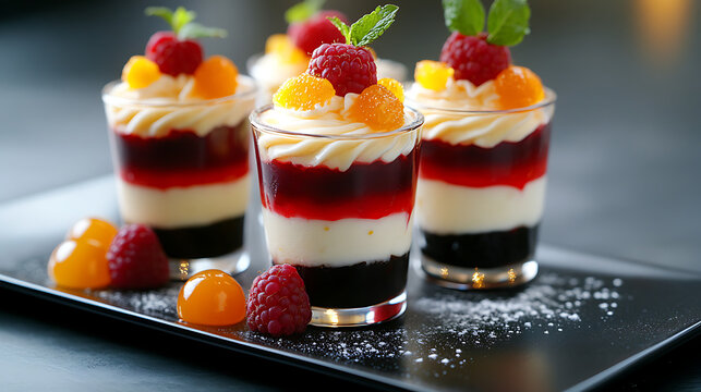 Gourmet layered dessert shots in small glasses with whipped cream, raspberries, and fruit jelly on a black tray