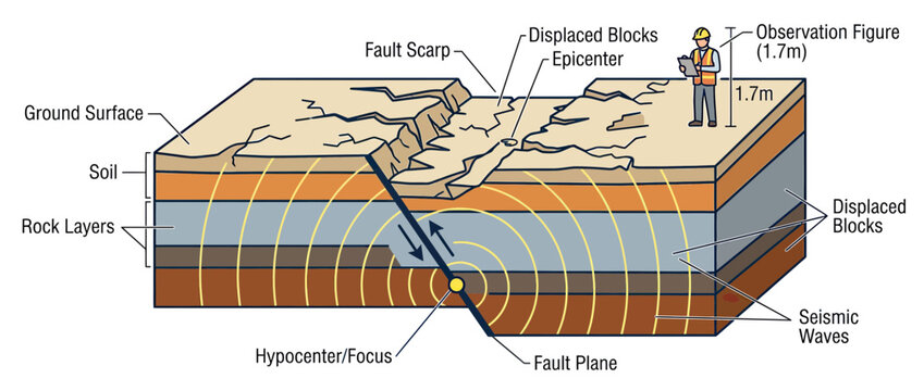 Earthquake Fault Line Diagram with Seismic Waves and Observer