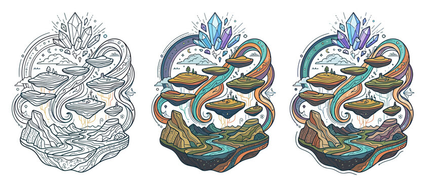 Fantasy floating islands with crystals and river