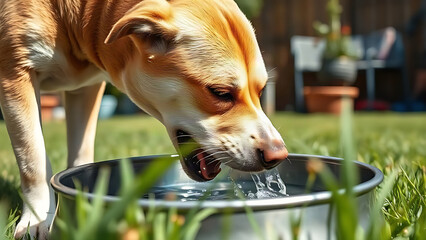 Fototapeta premium Dog drinking water from metal bowl in backyard, pet hydration and thirst