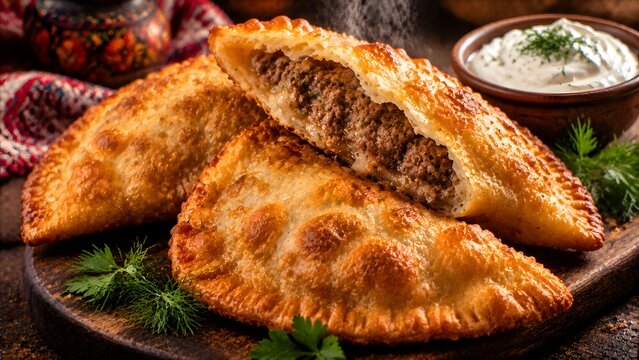 Traditional chebureki with meat filling, golden fried empanadas on wooden board, savory deep fried meat pies with sour cream sauce