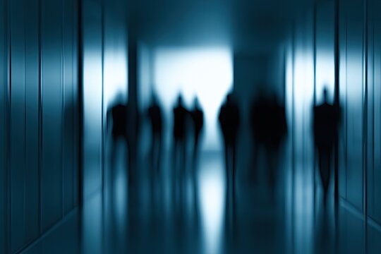 Blurred figures walk down a dark, imposing hallway, creating a sense of mystery