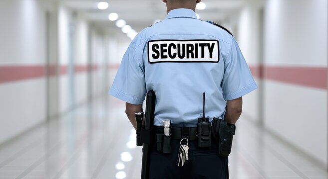 Back view of a uniformed guard in a hallway with a "SECURITY" patch on shirt