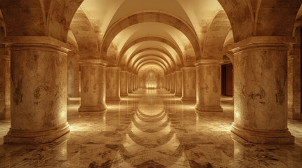 Fototapeta premium Grand marble hallway with arches and warm light creating reflective luxury interior