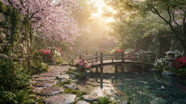 Tranquil Japanese garden with cherry blossoms, koi pond, and stone bridge