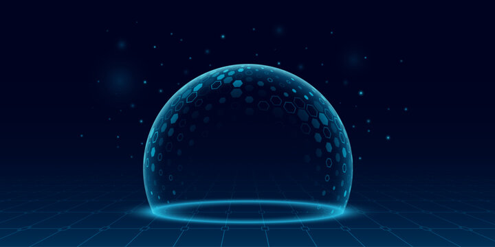 Holographic shield dome with glowing edges and hexagonal digital pattern on dark blue HUD grid background. Protective energy barrier symbolizing cybersecurity or data protection. Vector illustration.