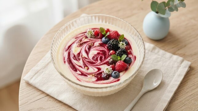 Creamy berry swirl dessert in a glass bowl with fresh fruit and mint garnish