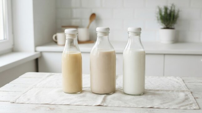 Three glass bottles of plant-based milk lined up on a kitchen counter