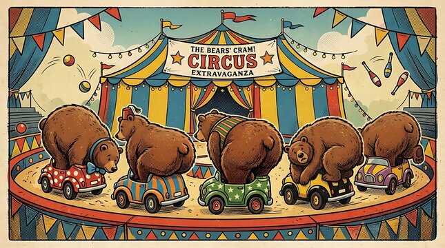 Vintage circus illustration with bears in tiny cars, retro carnival big top tent, whimsical animal performance poster art