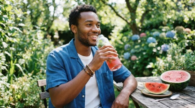 Man enjoying a refreshing watermelon drink in a lush garden setting