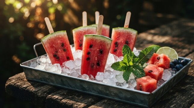 Refreshing watermelon popsicles served on ice with mint and berries