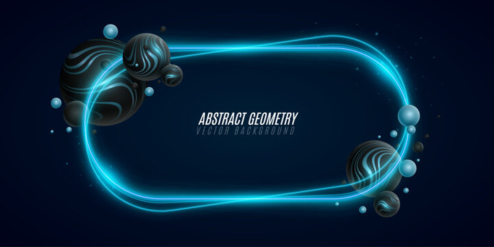 Abstract futuristic blue neon frame banner featuring 3d spheres with flowing wave patterns. Glowing light trails with floating particles. Luxurious composition for premium branding or banners. Vector.