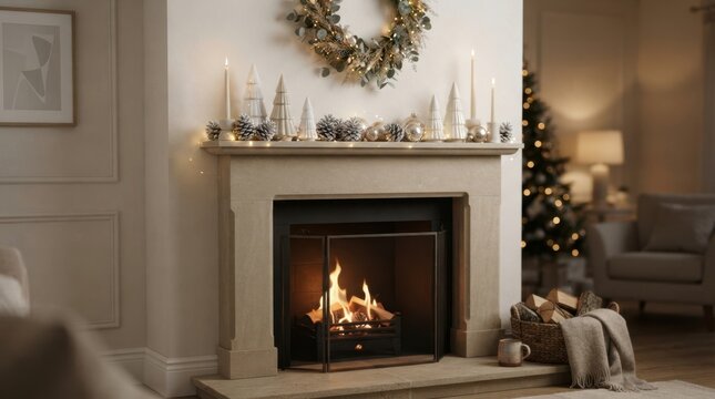 Cozy Christmas fireplace with glowing fire and festive decorations