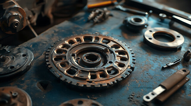 Assorted automotive parts, gears, and tools on a workbench in a mechanic's workshop