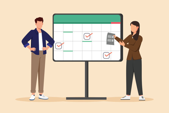 Business colleagues planning schedules and organizing tasks on a calendar.Business meet concept. Colored flat graphic vector ilustration isolated