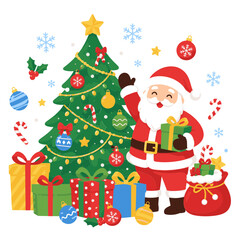 Naklejka premium Joyful Santa Claus with Decorated Evergreen Wrapped Presents and Festive Ornaments Evokes Holiday Spirit Winter Celebration and Merry Christmas Greetings Amidst Falling Snowflakes and Candy Canes.