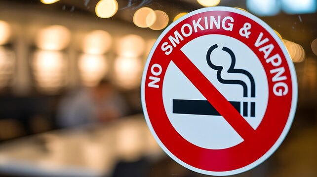 No smoking and vaping prohibition sign against a blurred indoor background