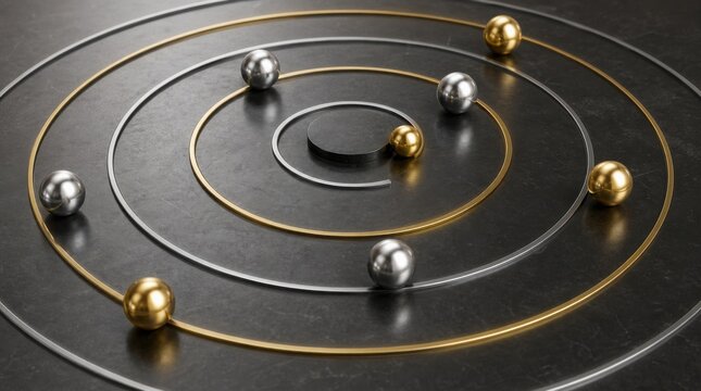 A metallic solar system model with gold and silver spheres orbiting on circular tracks on a black surface.