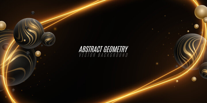 Elegant abstract background featuring black and gold spheres with flowing wave patterns. Glowing golden light trails with floating particles. Luxurious composition for premium branding or banners.