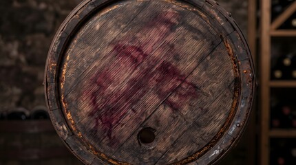 Fototapeta premium Stained wooden wine barrel front sitting within dark rustic underground stone cellar setting capturing viticulture process