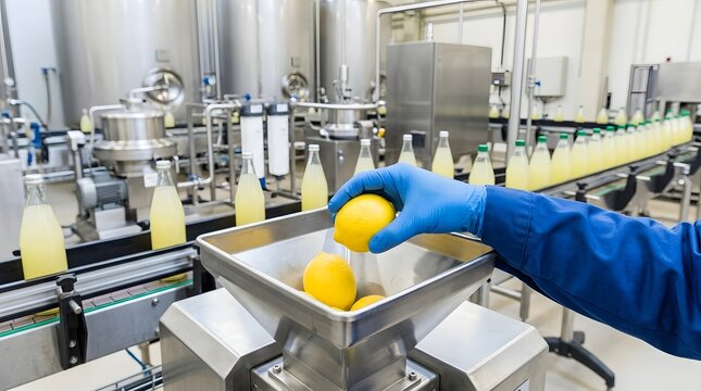Worker Adding Fresh Lemons to Juice Production Machine in Beverage Factory