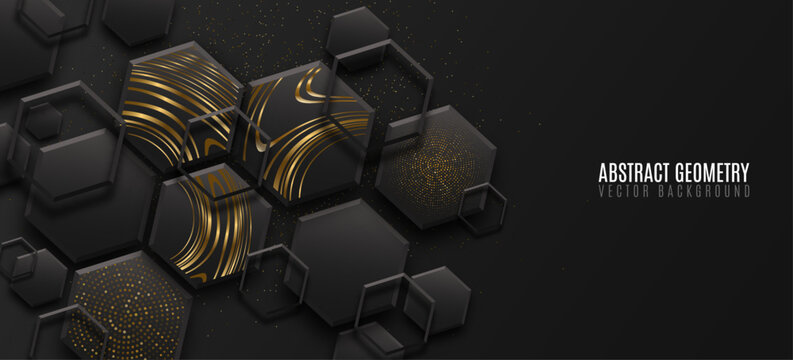 Elegant geometry background of golden and black 3D hexagons with metallic shiny striped wavy pattern and glittering dotted texture. Greeting cards design or modern fashion banners concept. Vector.