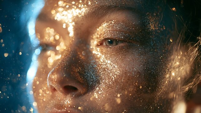 Woman's face illuminated by golden glitter particles, suggesting magic and transformation, creates a captivating concept for beauty and ethereal design