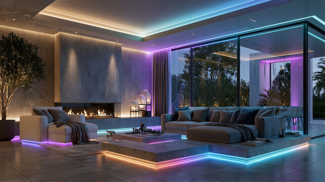 Modern luxury living room at night with smart LED ambient lighting, warm-cool gradients, and cinematic volumetric beams. Minimalist decor with right copy space for smart home marketing.