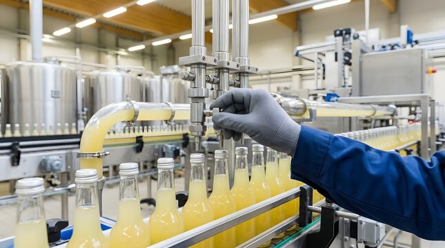 Worker Adjusting Stainless Steel Filling Nozzle on Glass Bottles of Yellow Juice Production Line