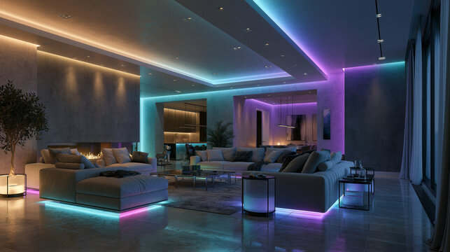 Modern luxury living room at night with smart LED ambient lighting, warm-cool gradients, and cinematic volumetric beams. Minimalist decor with right copy space for smart home marketing.