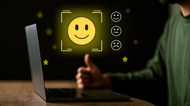 Person gives thumbs up to positive feedback, represented by glowing smiley face