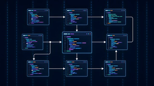 Algorithmic Workflow Diagram with Directional Arrows Connecting Glowing Software Code Modules