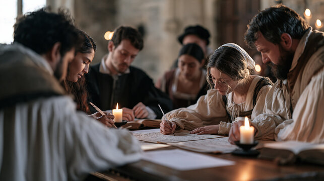Historical interpreters in period costume gathered around a candlelit oak table inside a stone manor examine handwritten medical ledgers together, the soft flame light and