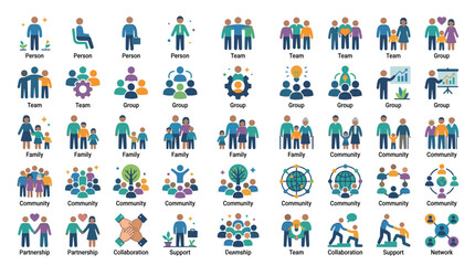 Fototapeta premium This icon set features people illustrations, including teams, individuals, groups, families, communities, and more, all in vector format and easily color-customizable
