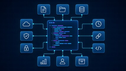 Fototapeta premium Comprehensive Software Development Dashboard Connecting Central Programming Code Modules to Secure Cloud Storage, User Analytics, and Database Icons