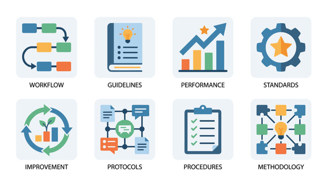 A comprehensive icon set of best practices, featuring workflow, guidelines, performance, standards, improvement, protocols, procedures, and methodology, presented as a solid vector collection